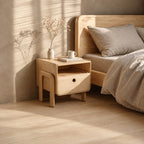 Rounded Frame Nightstand with Looped Side Leg, Open Shelf and Drawer, Solid Wood Bedside Table