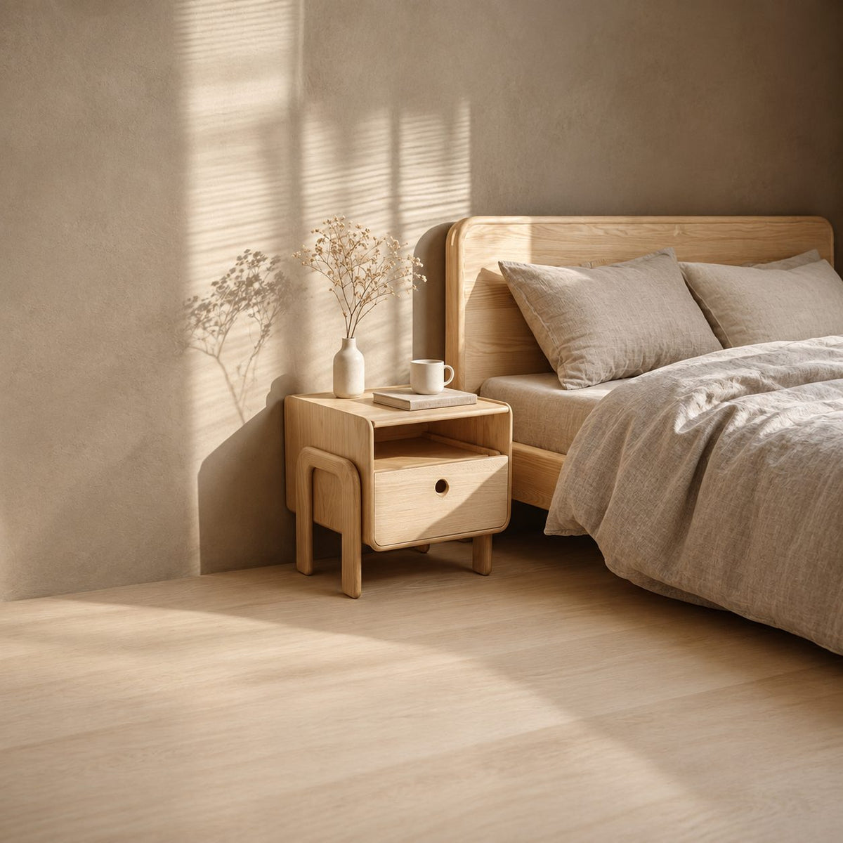 Rounded Frame Nightstand with Looped Side Leg, Open Shelf and Drawer, Solid Wood Bedside Table