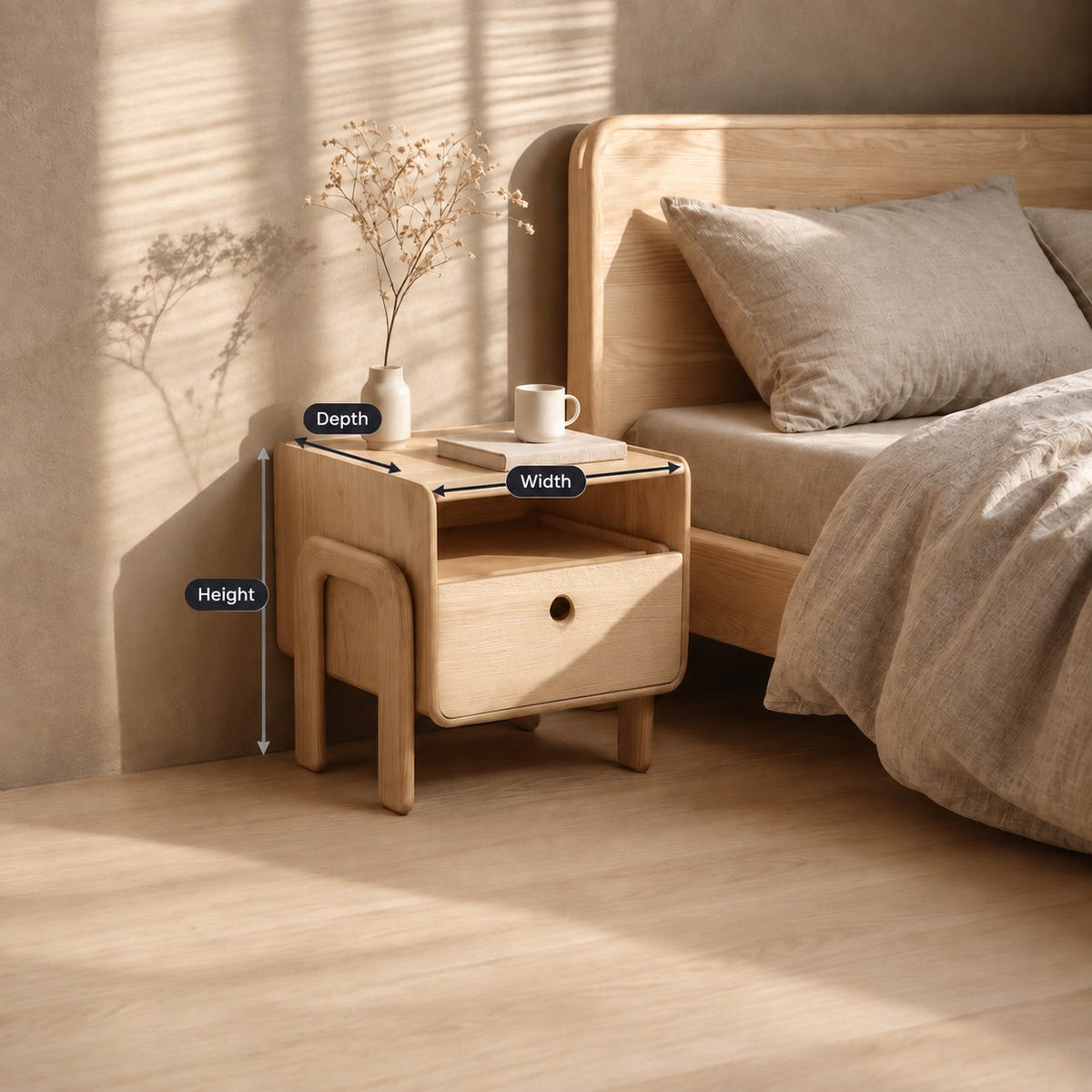 Rounded Frame Nightstand with Looped Side Leg, Open Shelf and Drawer, Solid Wood Bedside Table