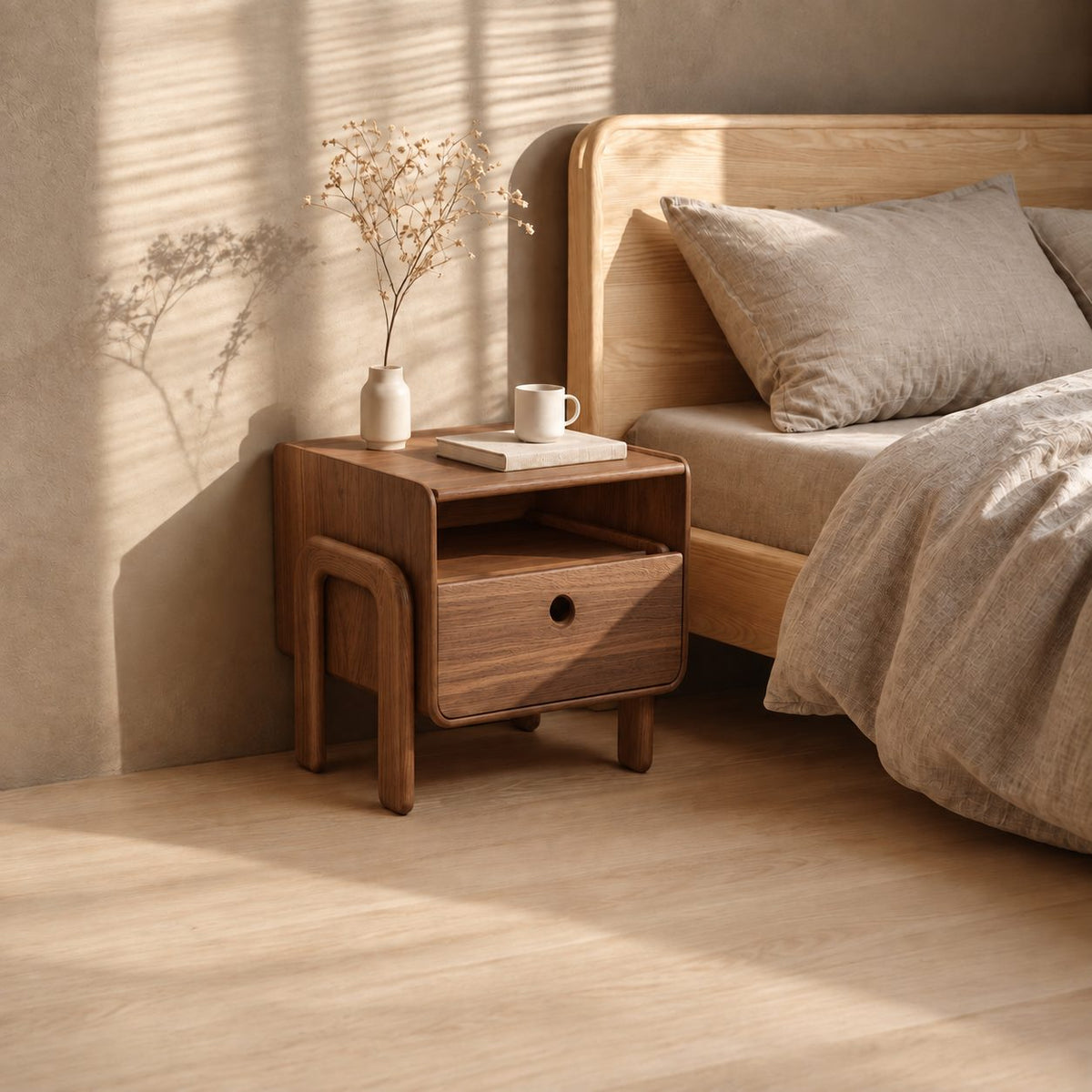 Rounded Frame Nightstand with Looped Side Leg, Open Shelf and Drawer, Solid Wood Bedside Table