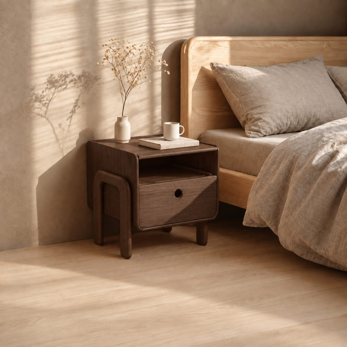 Rounded Frame Nightstand with Looped Side Leg, Open Shelf and Drawer, Solid Wood Bedside Table