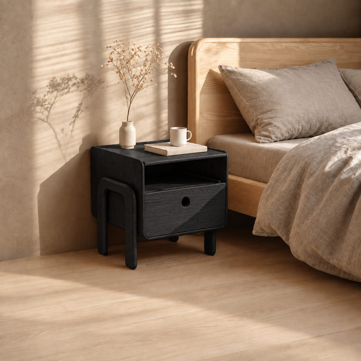 Rounded Frame Nightstand with Looped Side Leg, Open Shelf and Drawer, Solid Wood Bedside Table