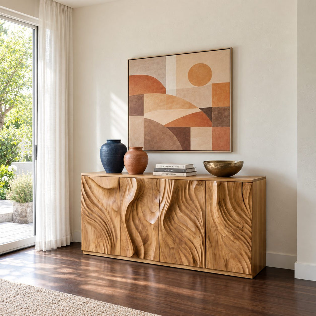 Sculpted Credenza Sideboard with Deep Carved Flame Doors, Four Door Solid Wood Buffet Cabinet