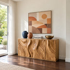 Sculpted Credenza Sideboard with Deep Carved Flame Doors, Four Door Solid Wood Buffet Cabinet