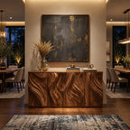 Sculpted Credenza Sideboard with Deep Carved Flame Doors, Four Door Solid Wood Buffet Cabinet
