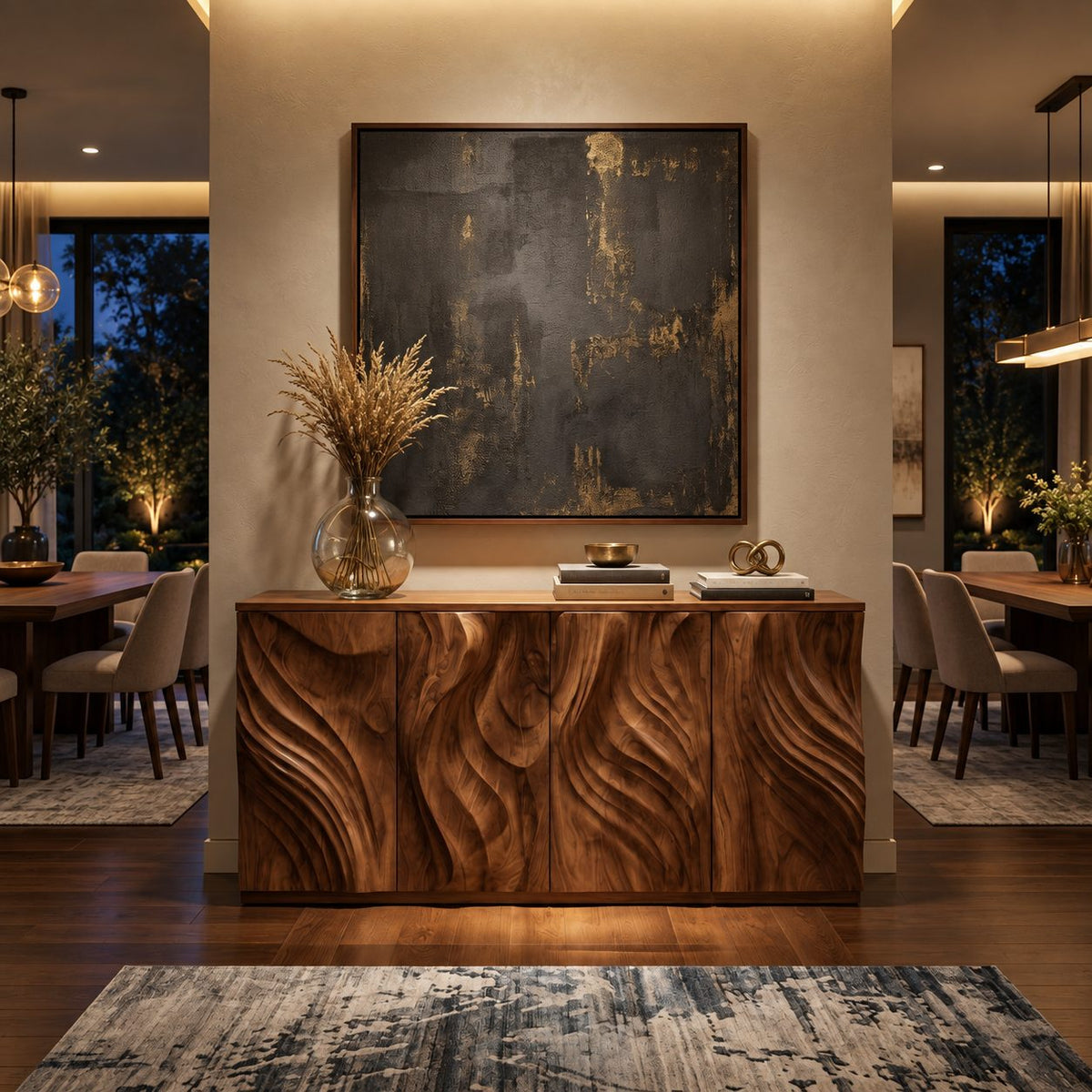 Sculpted Credenza Sideboard with Deep Carved Flame Doors, Four Door Solid Wood Buffet Cabinet