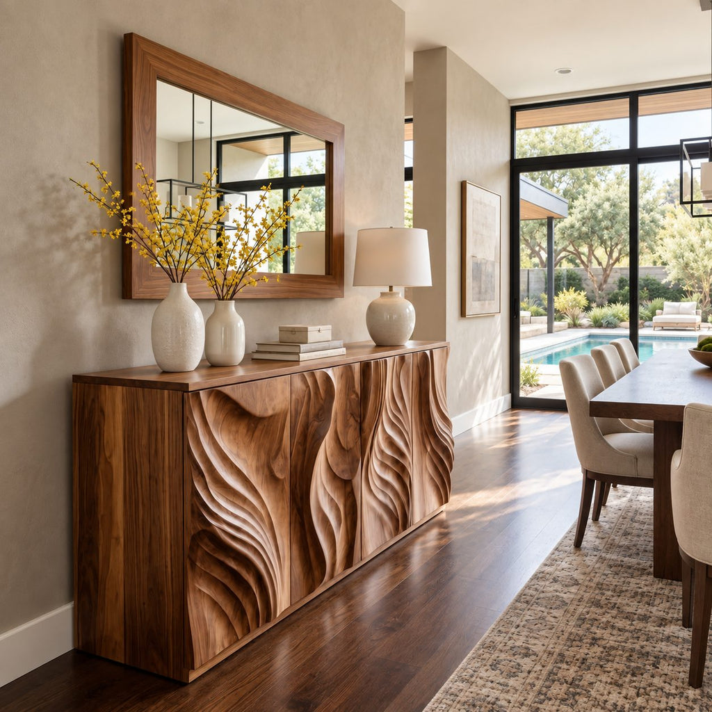Sculpted Credenza Sideboard with Deep Carved Flame Doors, Four Door Solid Wood Buffet Cabinet