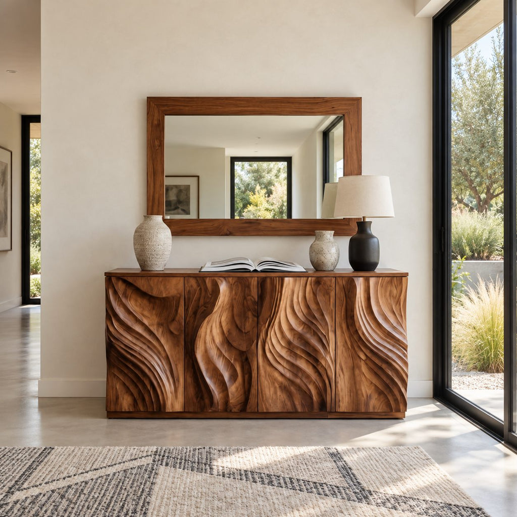 Sculpted Credenza Sideboard with Deep Carved Flame Doors, Four Door Solid Wood Buffet Cabinet
