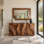 Sculpted Credenza Sideboard with Deep Carved Flame Doors, Four Door Solid Wood Buffet Cabinet