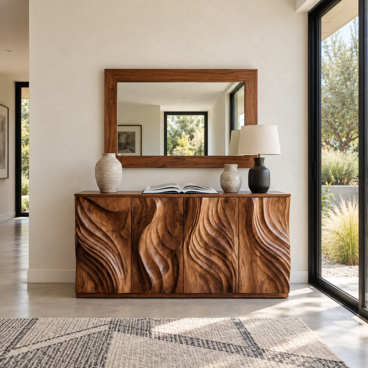 Sculpted Credenza Sideboard with Deep Carved Flame Doors, Four Door Solid Wood Buffet Cabinet