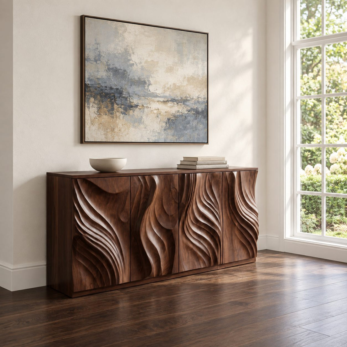 Sculpted Credenza Sideboard with Deep Carved Flame Doors, Four Door Solid Wood Buffet Cabinet