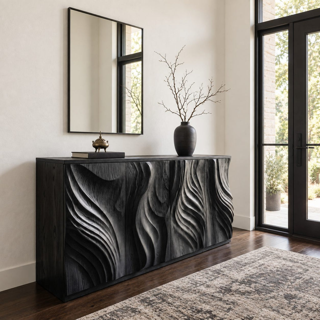 Sculpted Credenza Sideboard with Deep Carved Flame Doors, Four Door Solid Wood Buffet Cabinet
