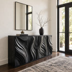 Sculpted Credenza Sideboard with Deep Carved Flame Doors, Four Door Solid Wood Buffet Cabinet