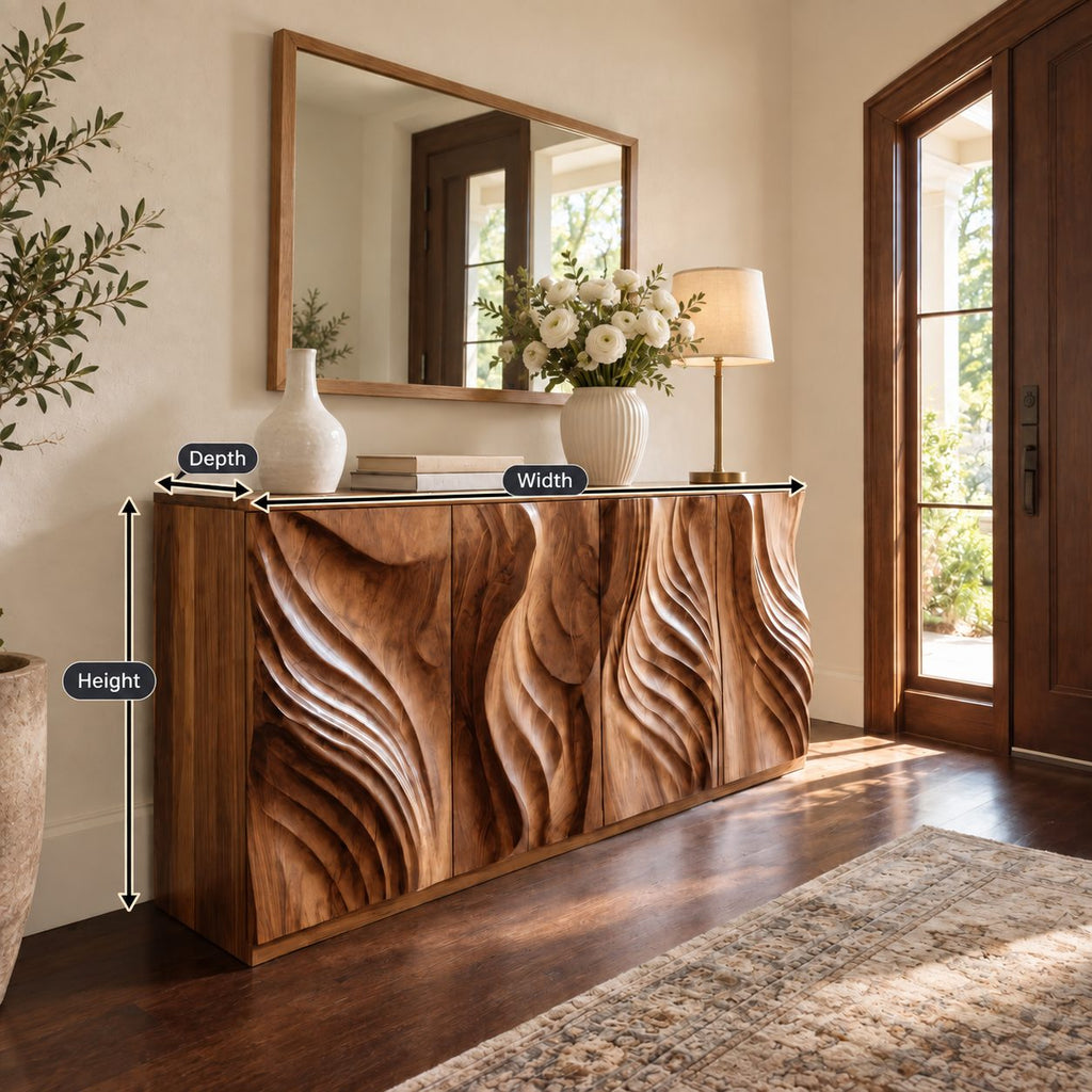 Sculpted Credenza Sideboard with Deep Carved Flame Doors, Four Door Solid Wood Buffet Cabinet