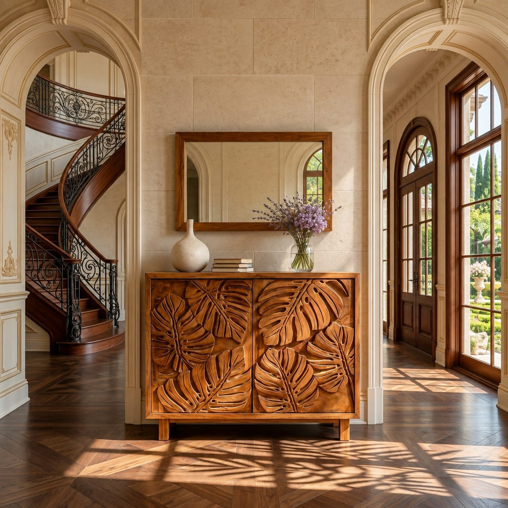 Leaf Carved Sideboard Cabinet with Two Sculpted Doors, Solid Wood Tropical Leaf Credenza