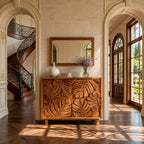 Leaf Carved Sideboard Cabinet with Two Sculpted Doors, Solid Wood Tropical Leaf Credenza