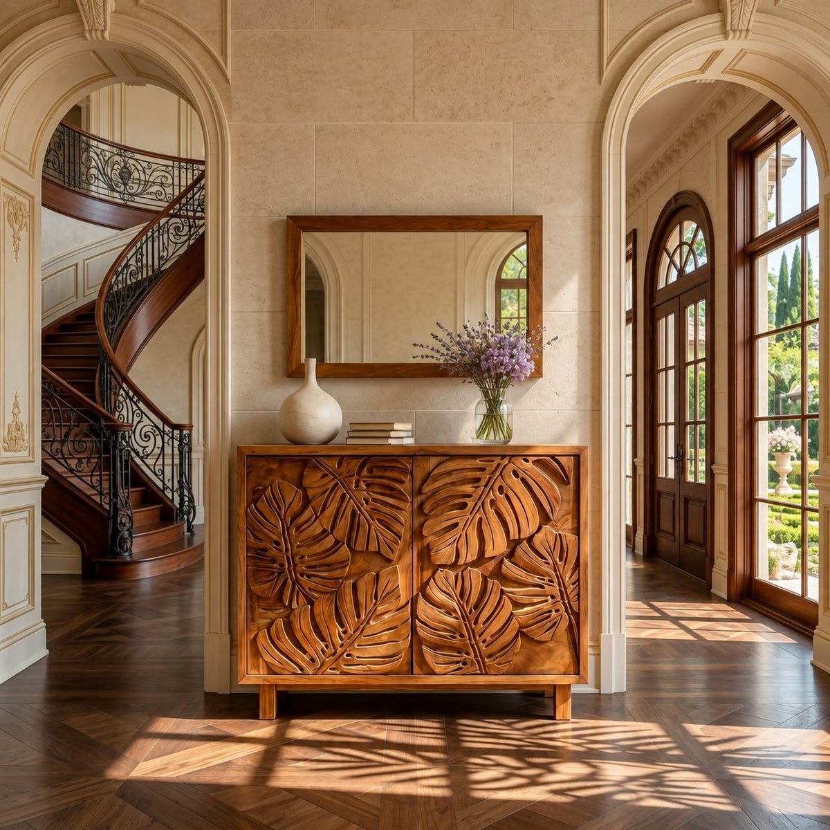 Leaf Carved Sideboard Cabinet with Two Sculpted Doors, Solid Wood Tropical Leaf Credenza