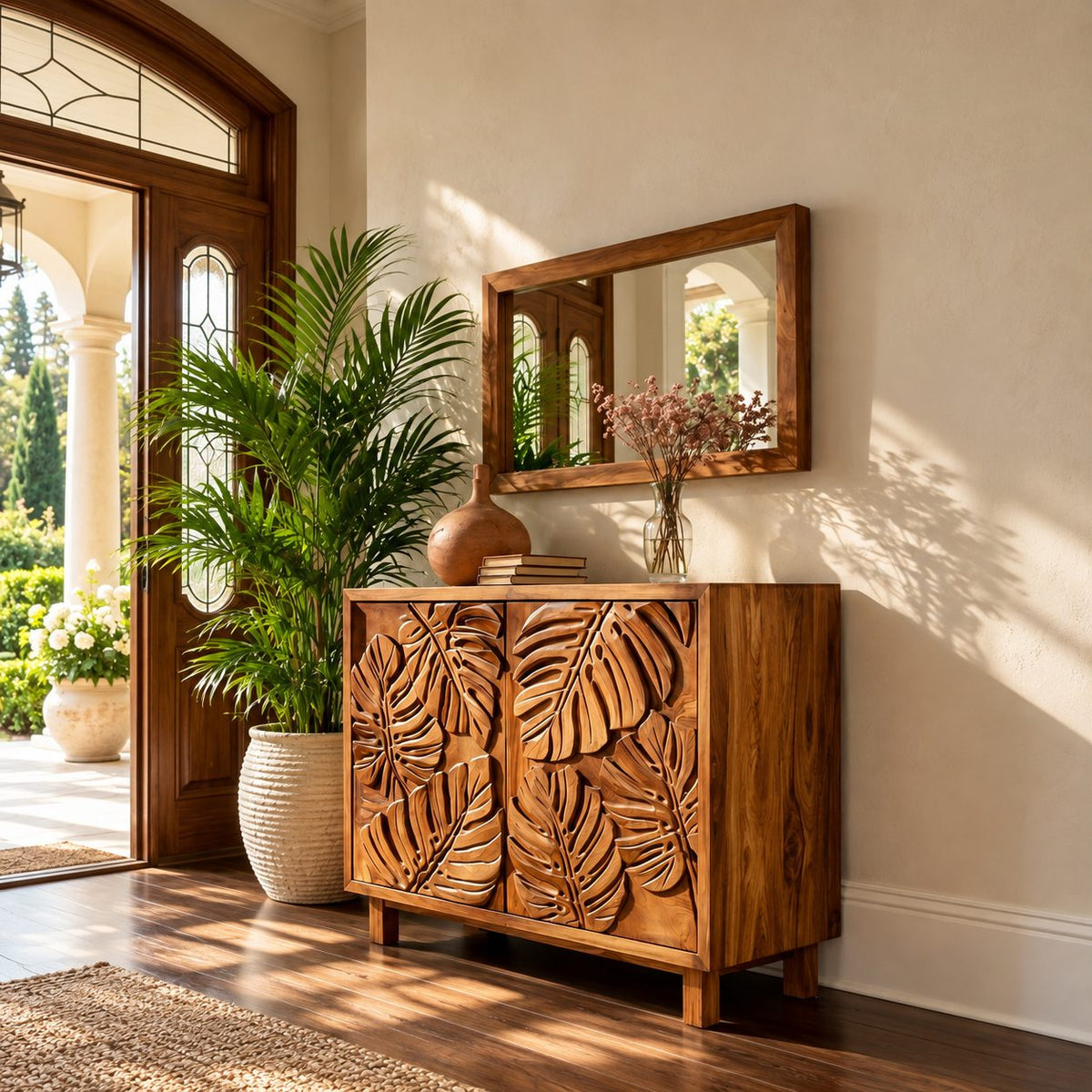 Leaf Carved Sideboard Cabinet with Two Sculpted Doors, Solid Wood Tropical Leaf Credenza
