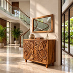 Leaf Carved Sideboard Cabinet with Two Sculpted Doors, Solid Wood Tropical Leaf Credenza
