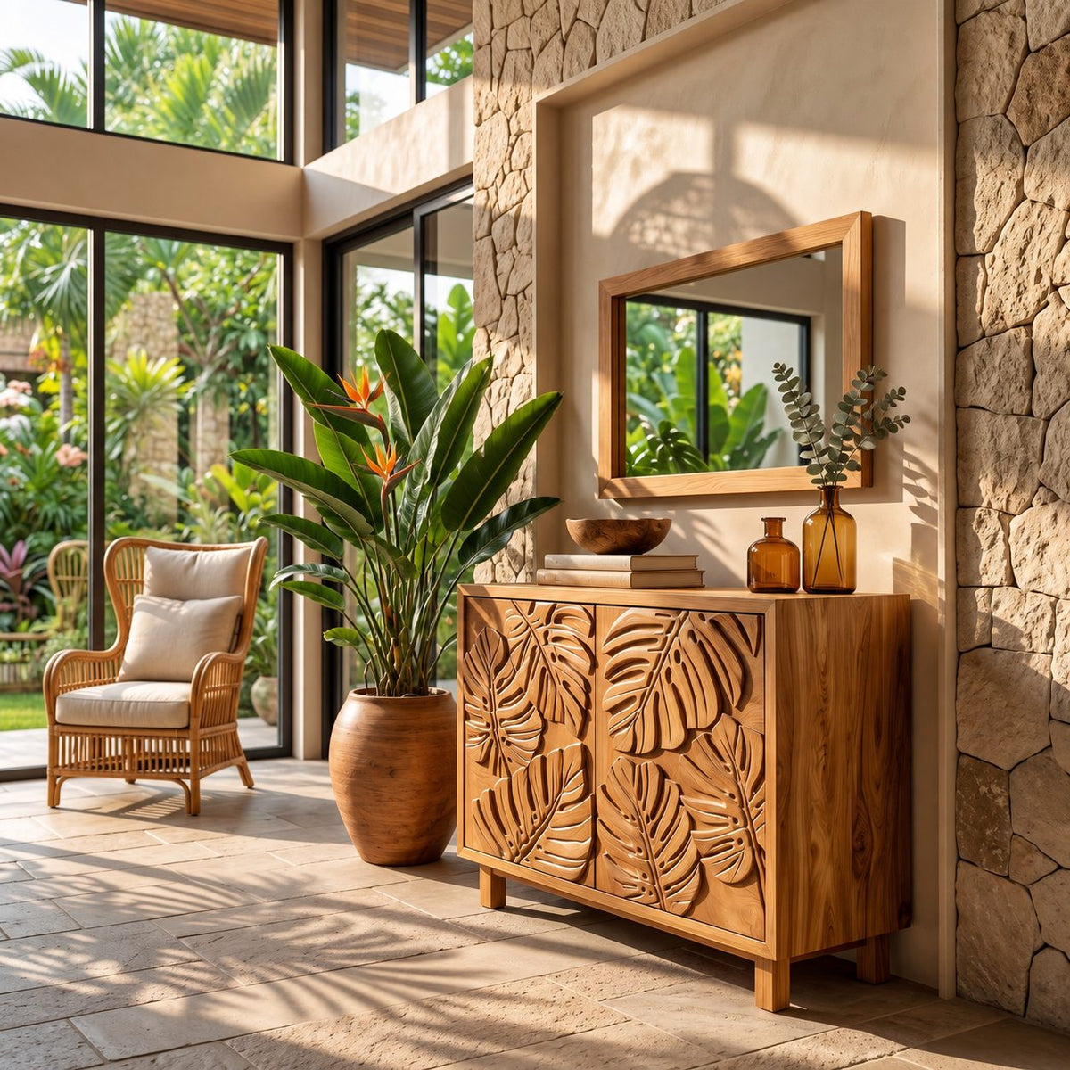 Leaf Carved Sideboard Cabinet with Two Sculpted Doors, Solid Wood Tropical Leaf Credenza