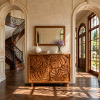 Leaf Carved Sideboard Cabinet with Two Sculpted Doors, Solid Wood Tropical Leaf Credenza