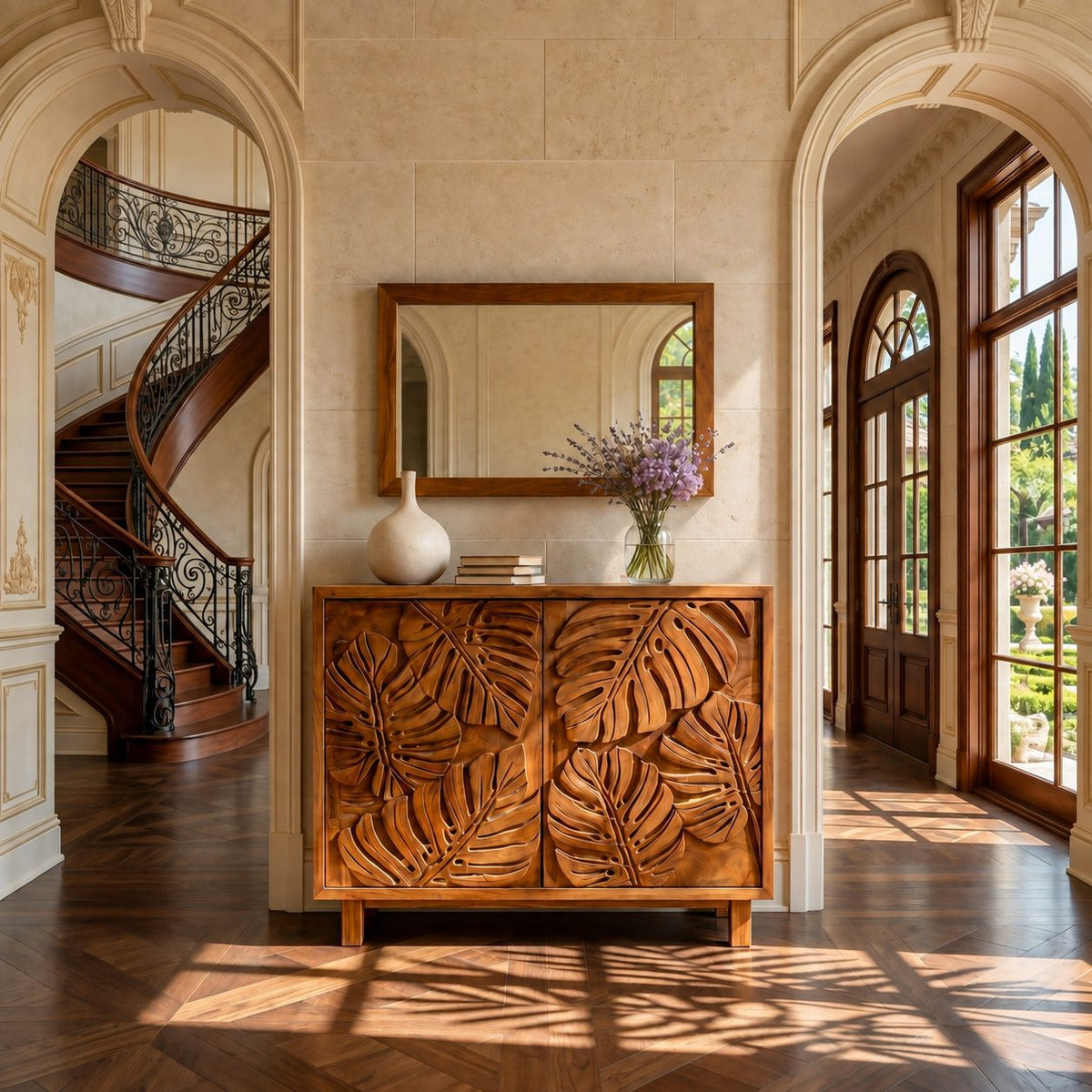 Leaf Carved Sideboard Cabinet with Two Sculpted Doors, Solid Wood Tropical Leaf Credenza
