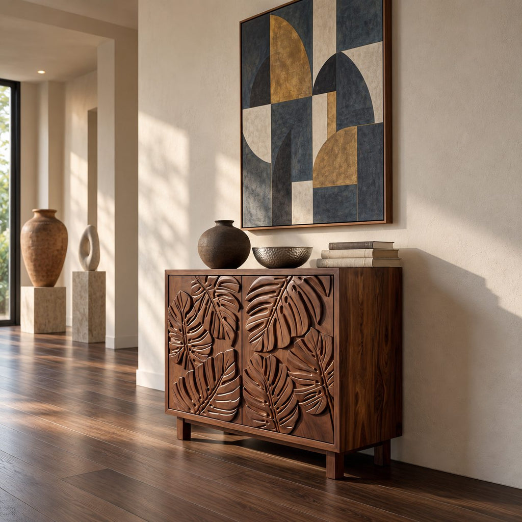 Leaf Carved Sideboard Cabinet with Two Sculpted Doors, Solid Wood Tropical Leaf Credenza