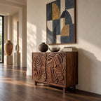 Leaf Carved Sideboard Cabinet with Two Sculpted Doors, Solid Wood Tropical Leaf Credenza