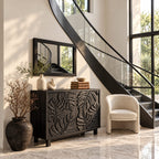 Leaf Carved Sideboard Cabinet with Two Sculpted Doors, Solid Wood Tropical Leaf Credenza