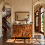 Leaf Carved Sideboard Cabinet with Two Sculpted Doors, Solid Wood Tropical Leaf Credenza