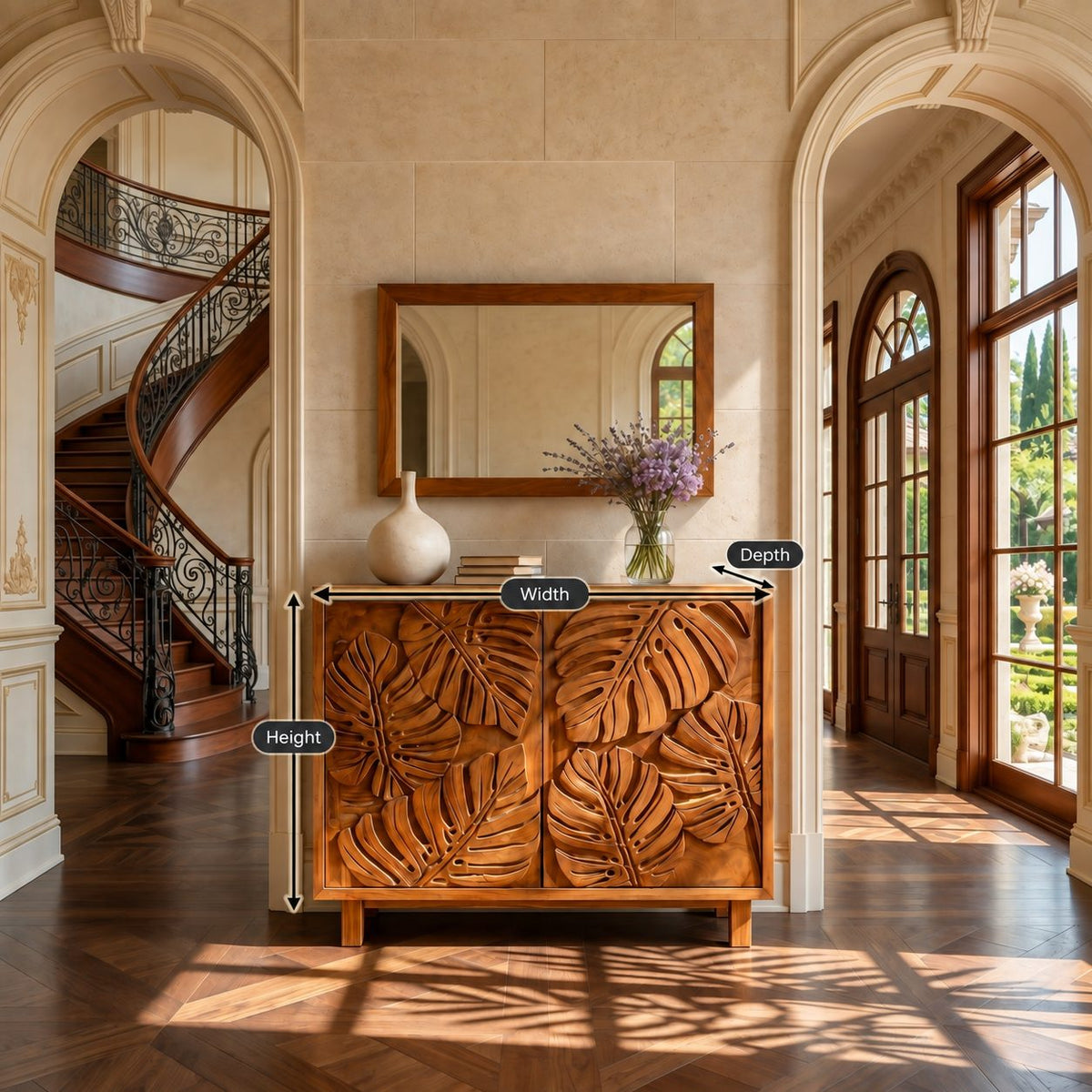 Leaf Carved Sideboard Cabinet with Two Sculpted Doors, Solid Wood Tropical Leaf Credenza