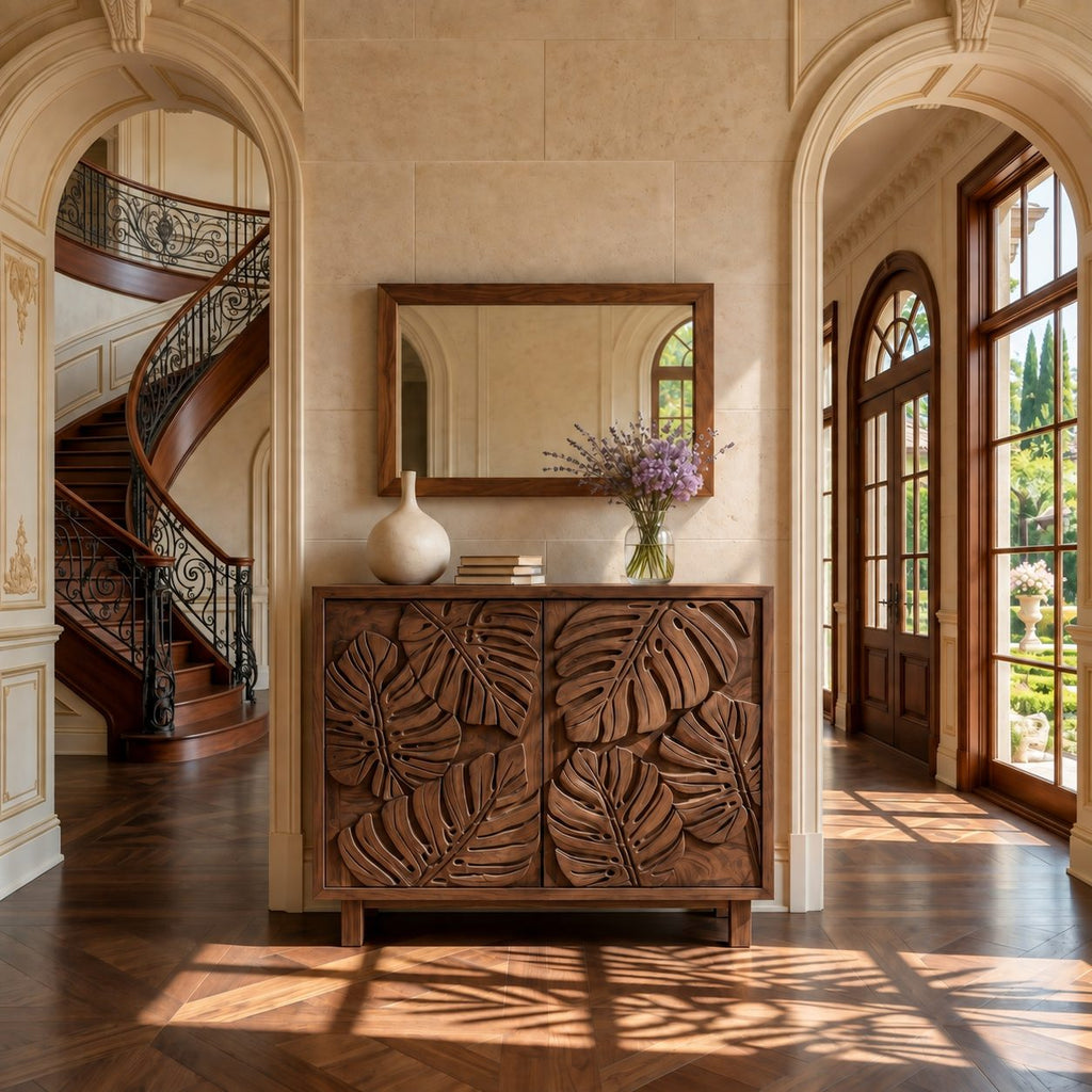 Leaf Carved Sideboard Cabinet with Two Sculpted Doors, Solid Wood Tropical Leaf Credenza