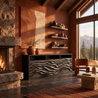 Wave Carved Credenza with Open Top Shelf, Three Dune Relief Doors, Modern Wood Sideboard
