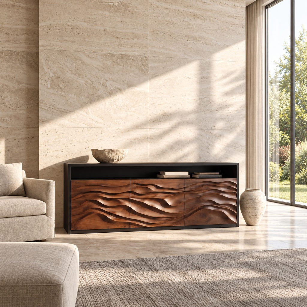 Wave Carved Credenza with Open Top Shelf, Three Dune Relief Doors, Modern Wood Sideboard