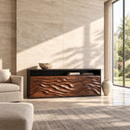 Wave Carved Credenza with Open Top Shelf, Three Dune Relief Doors, Modern Wood Sideboard