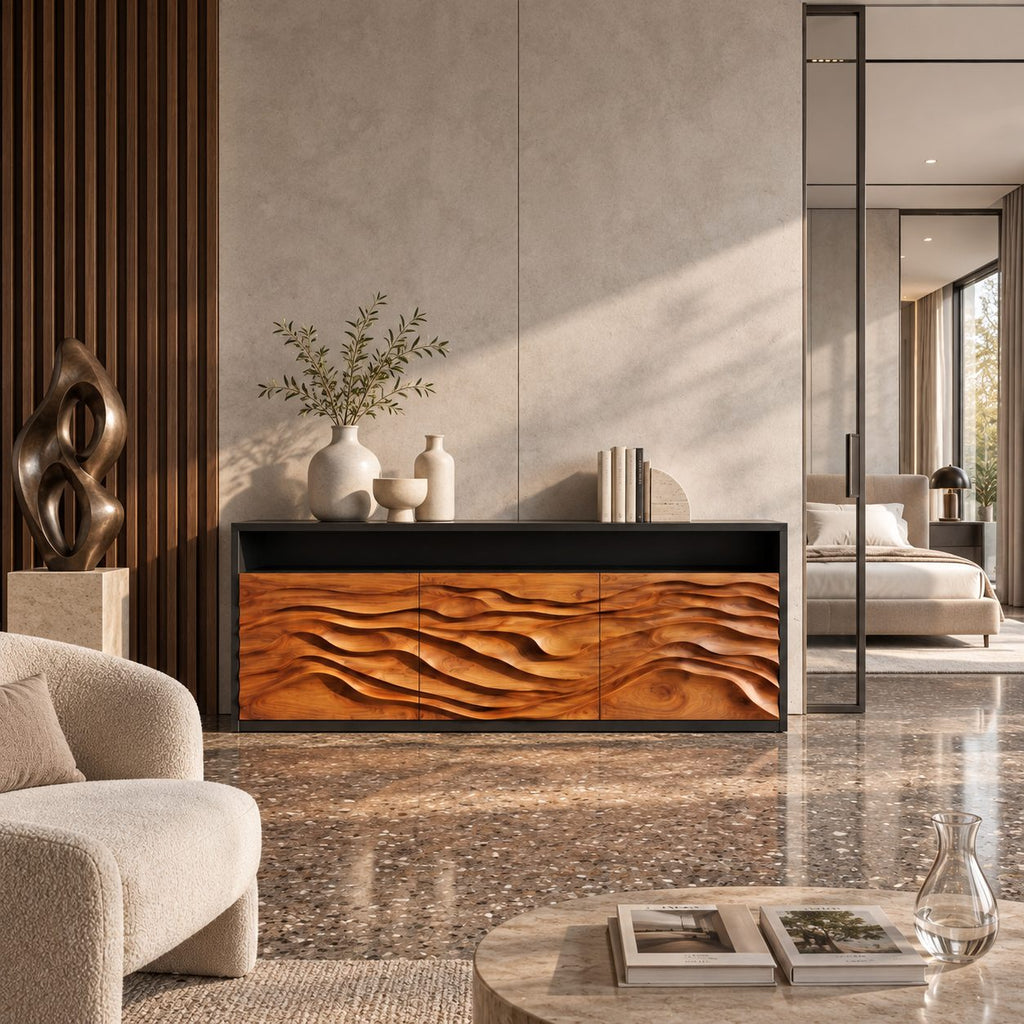 Wave Carved Credenza with Open Top Shelf, Three Dune Relief Doors, Modern Wood Sideboard