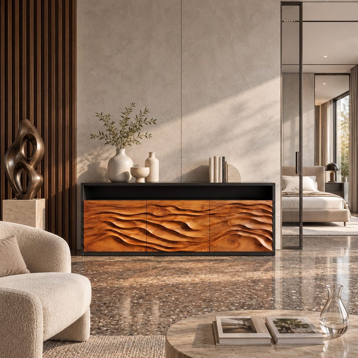 Wave Carved Credenza with Open Top Shelf, Three Dune Relief Doors, Modern Wood Sideboard