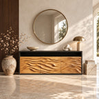 Wave Carved Credenza with Open Top Shelf, Three Dune Relief Doors, Modern Wood Sideboard