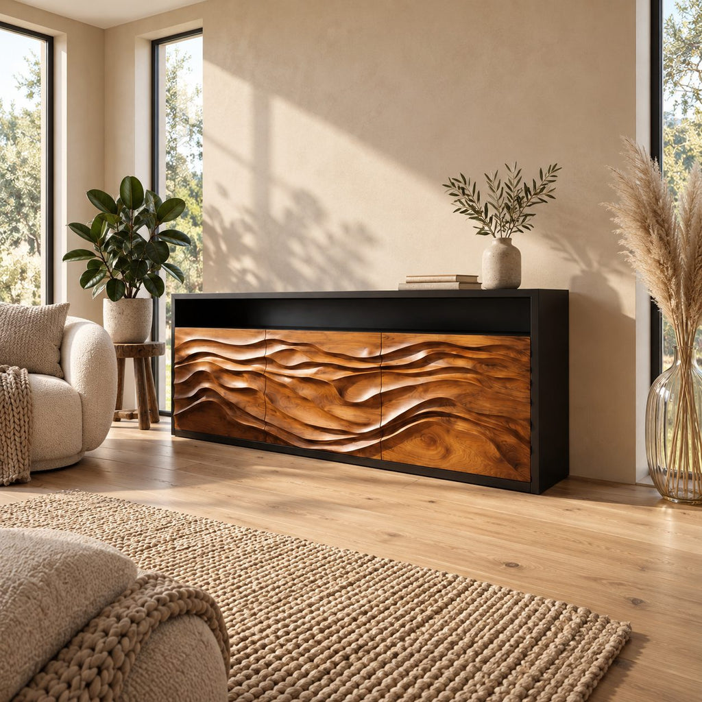 Wave Carved Credenza with Open Top Shelf, Three Dune Relief Doors, Modern Wood Sideboard