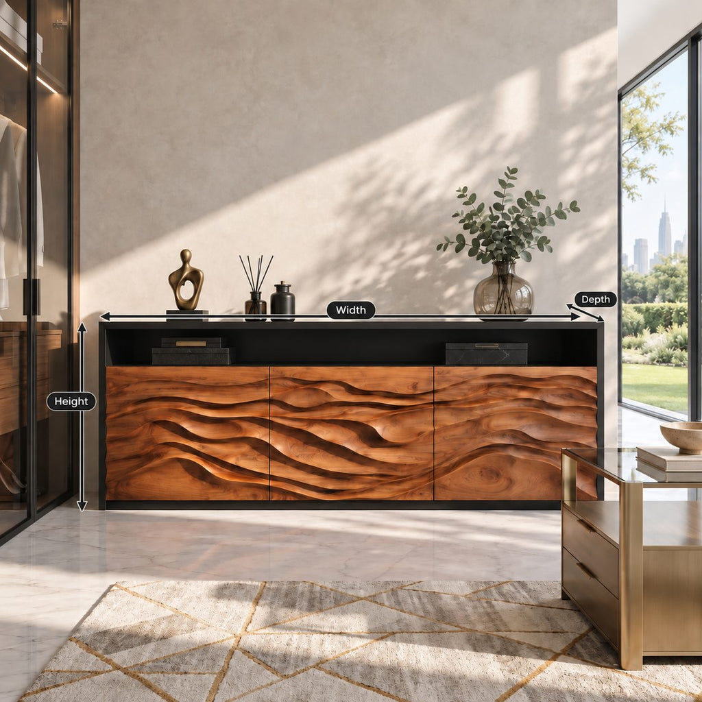 Wave Carved Credenza with Open Top Shelf, Three Dune Relief Doors, Modern Wood Sideboard