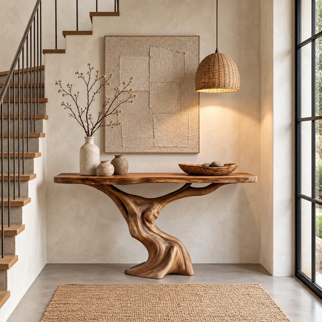 Sculptural Console Table with Tree Trunk Pedestal Base, Organic Live Edge Entryway Table