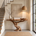 Sculptural Console Table with Tree Trunk Pedestal Base, Organic Live Edge Entryway Table