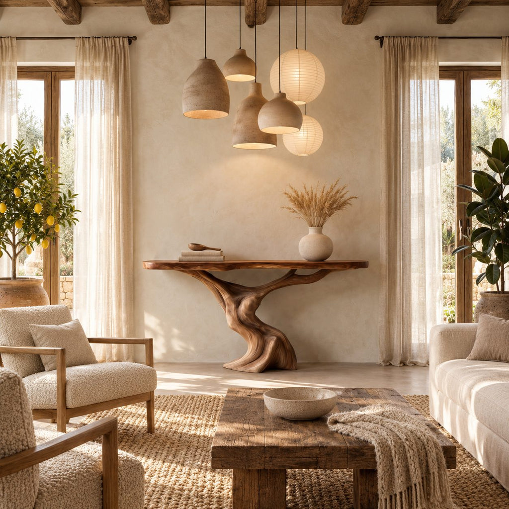 Sculptural Console Table with Tree Trunk Pedestal Base, Organic Live Edge Entryway Table