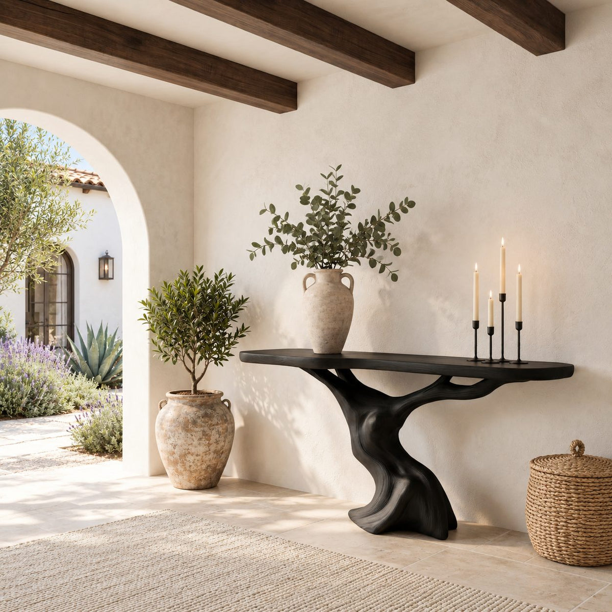 Sculptural Console Table with Tree Trunk Pedestal Base, Organic Live Edge Entryway Table