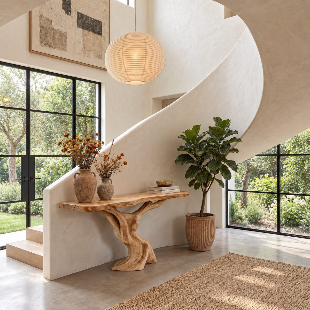 Sculptural Console Table with Tree Trunk Pedestal Base, Organic Live Edge Entryway Table