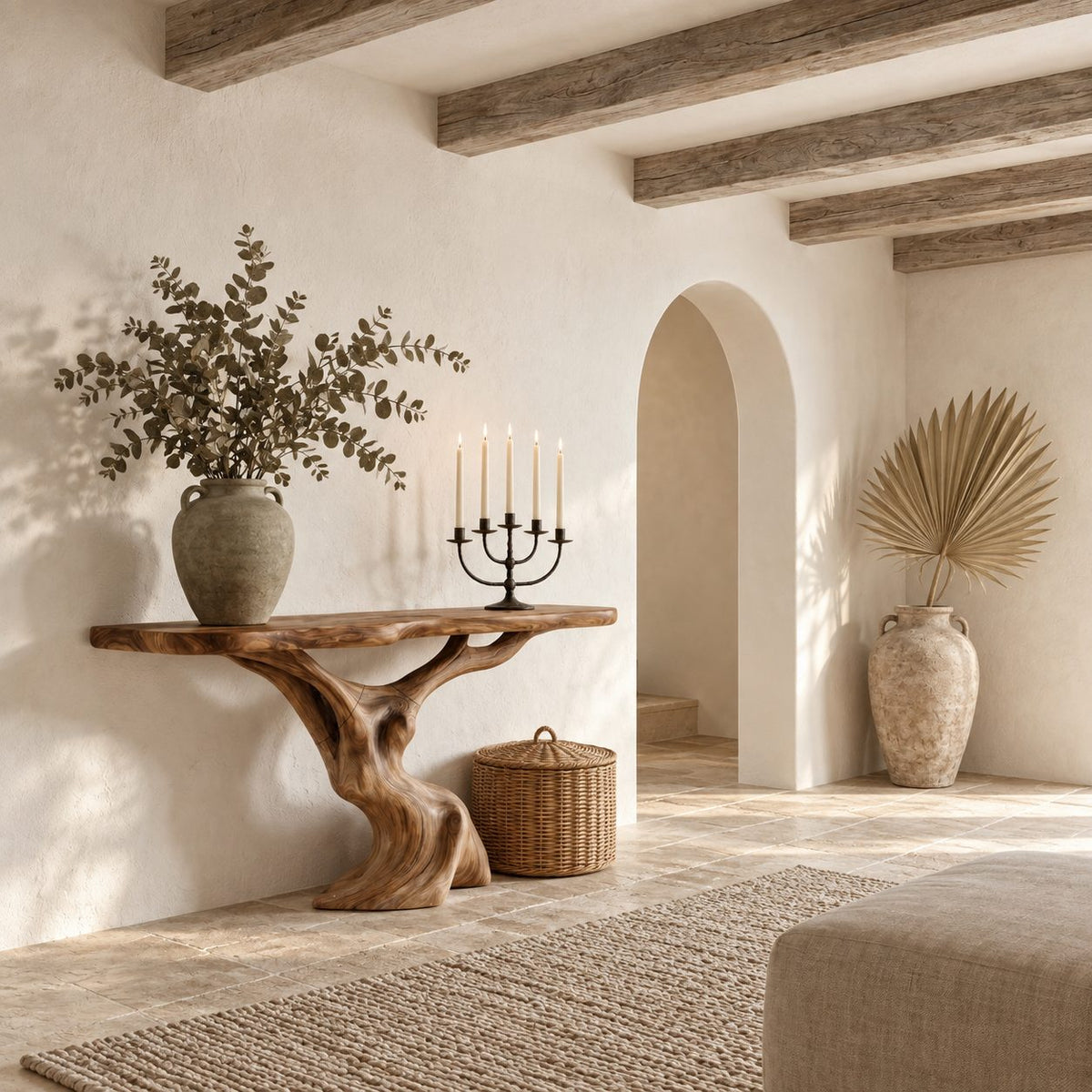 Sculptural Console Table with Tree Trunk Pedestal Base, Organic Live Edge Entryway Table