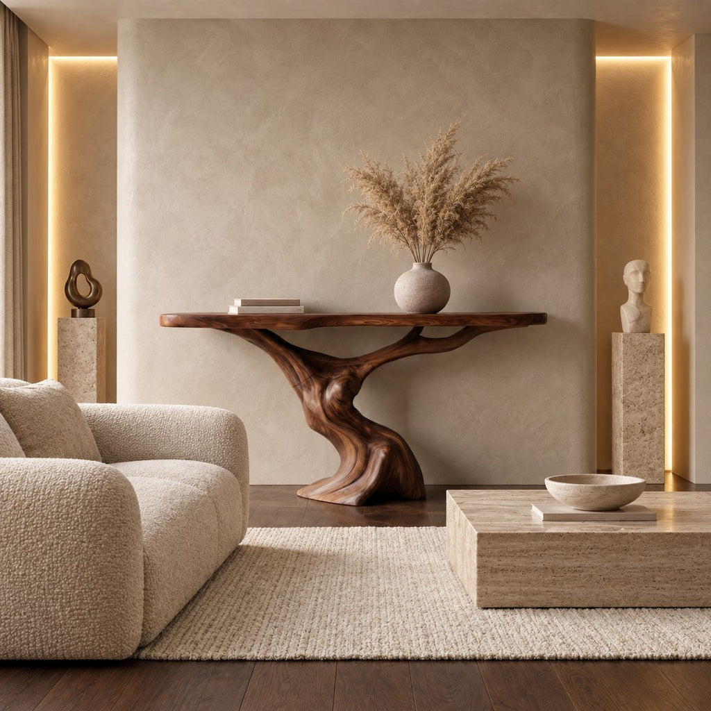 Sculptural Console Table with Tree Trunk Pedestal Base, Organic Live Edge Entryway Table