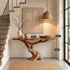 Sculptural Console Table with Tree Trunk Pedestal Base, Organic Live Edge Entryway Table