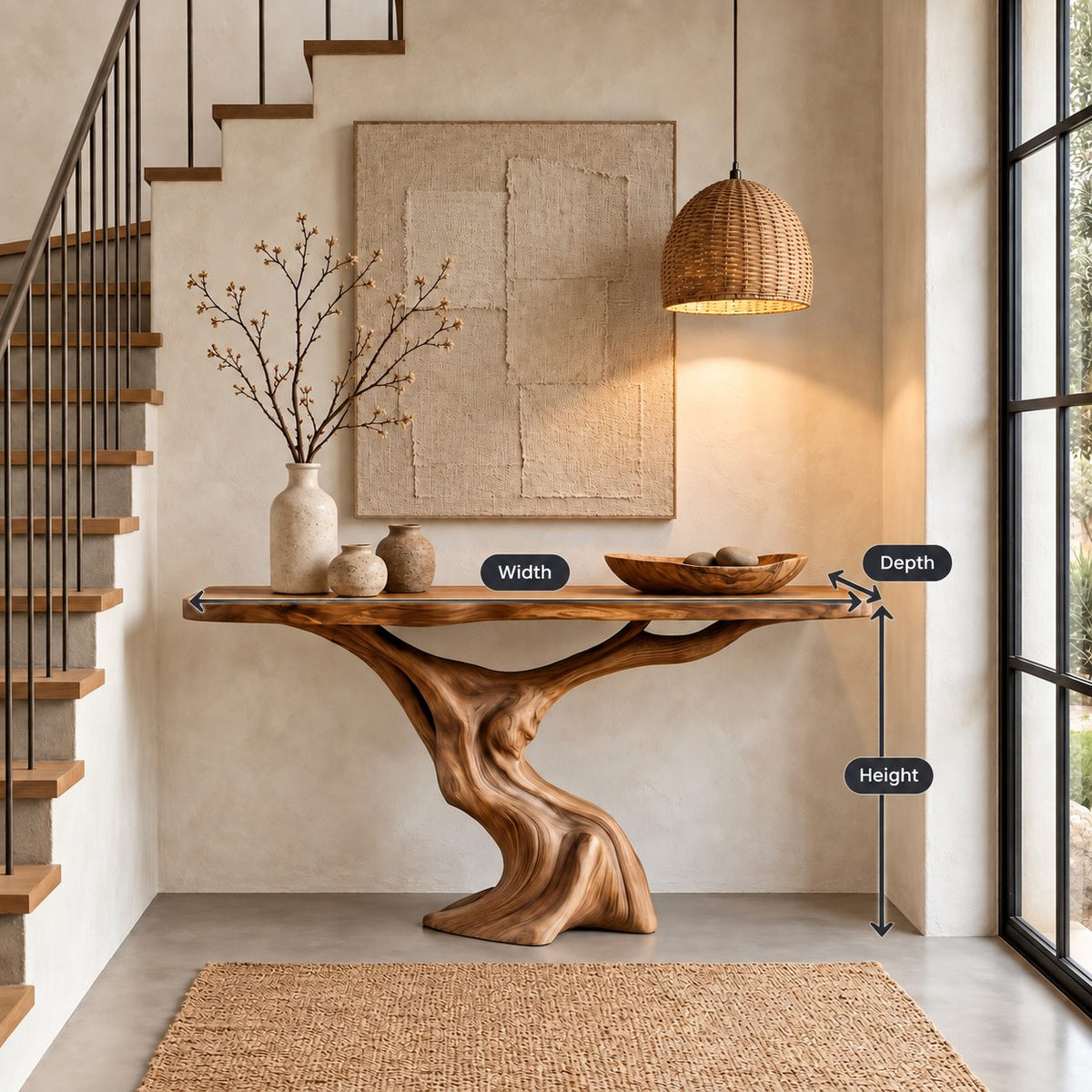 Sculptural Console Table with Tree Trunk Pedestal Base, Organic Live Edge Entryway Table
