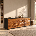 Organic Contour Sideboard with Three Wave Relief Doors, Narrow Wood Entryway Hallway Cabinet